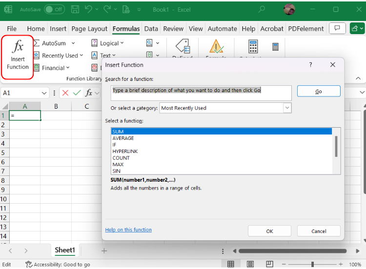 كيفية كتابة الدوال في إكسل باستخدام خيار Insert Function.